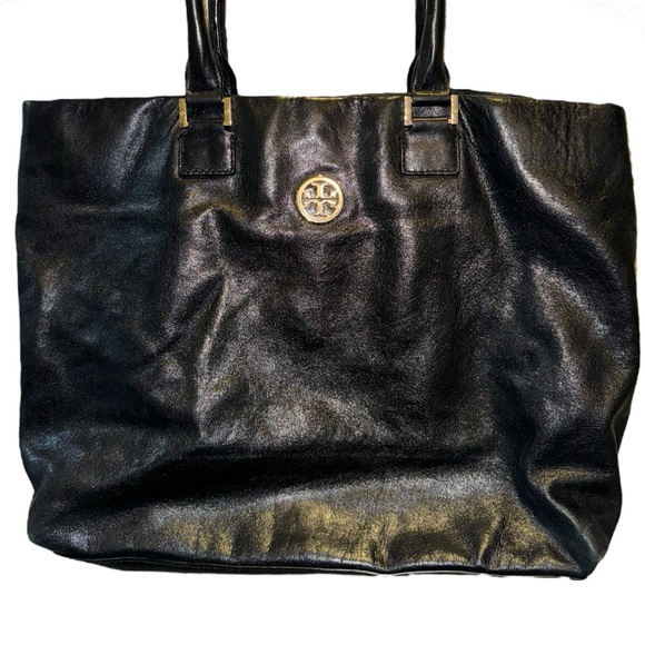 TORY BURCH Dena Black Double Handle Gold Hardware TB Logo Black Leather Tote Bag - Picture 1 of 8